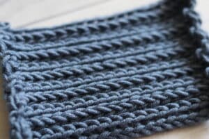 blue angled swatch of the crochet camel stitch