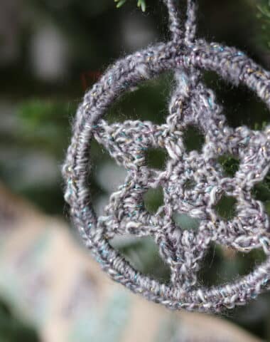 crochet star Christmas ornament grey with sparkle