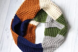 free, white, copper, blue, grey crochet scarf