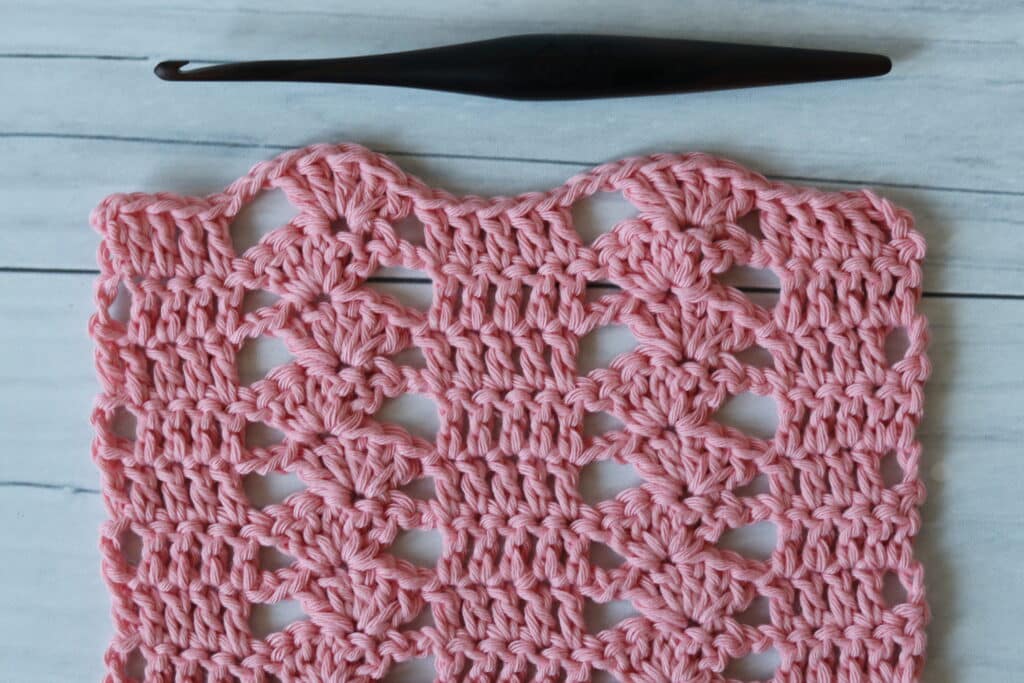 Pink swatch of Block and offset shell stitch 