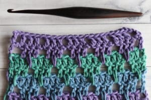 Larksfoot crochet stitch in purple green and blue