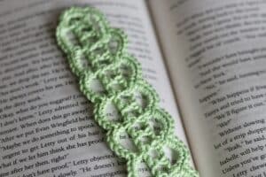 close up of a lace crochet bookmark