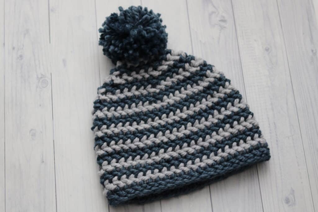 blue and grey stripped crochet beanie hat