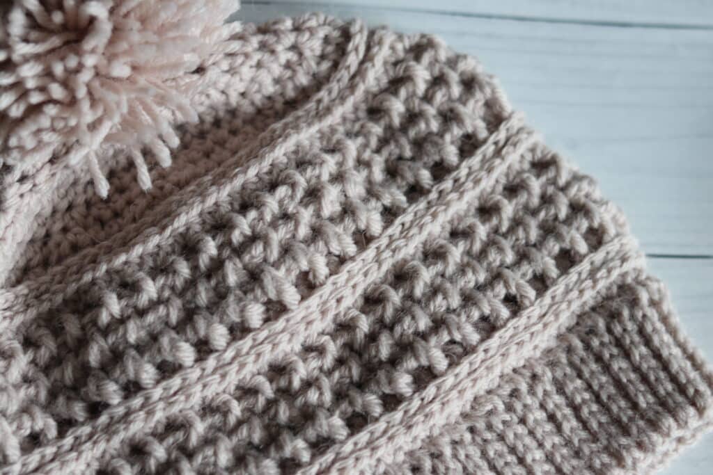 close up of the texture in the grand canyon crochet beanie