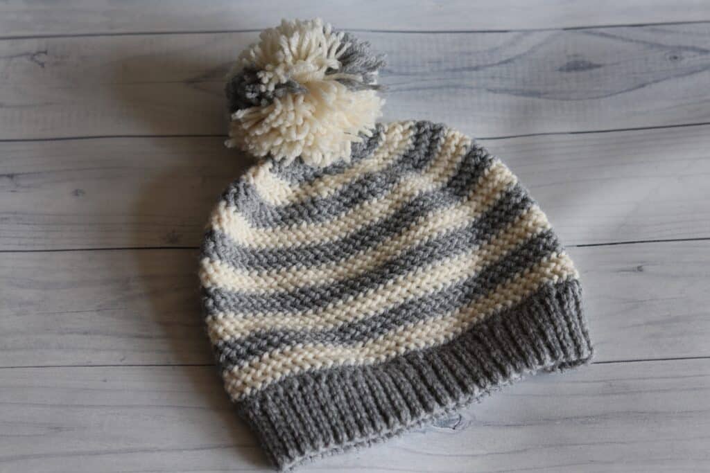 grey and white stripped crochet beanie