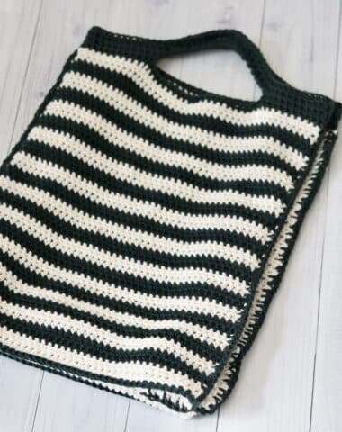 green and white crochet gift bag