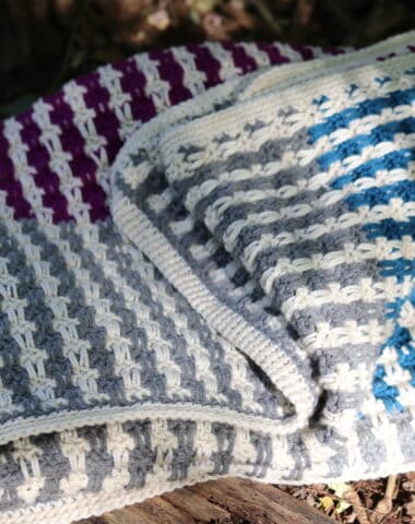 purple, grey, blue and white crochet blanket