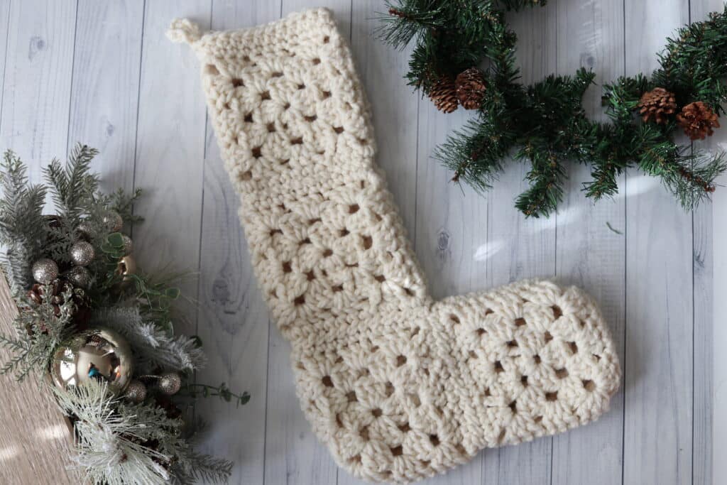 white crochet granny square Christmas stocking