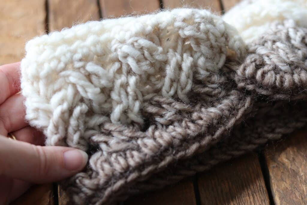 close up of the crochet Celtic ear warmer crochet pattern