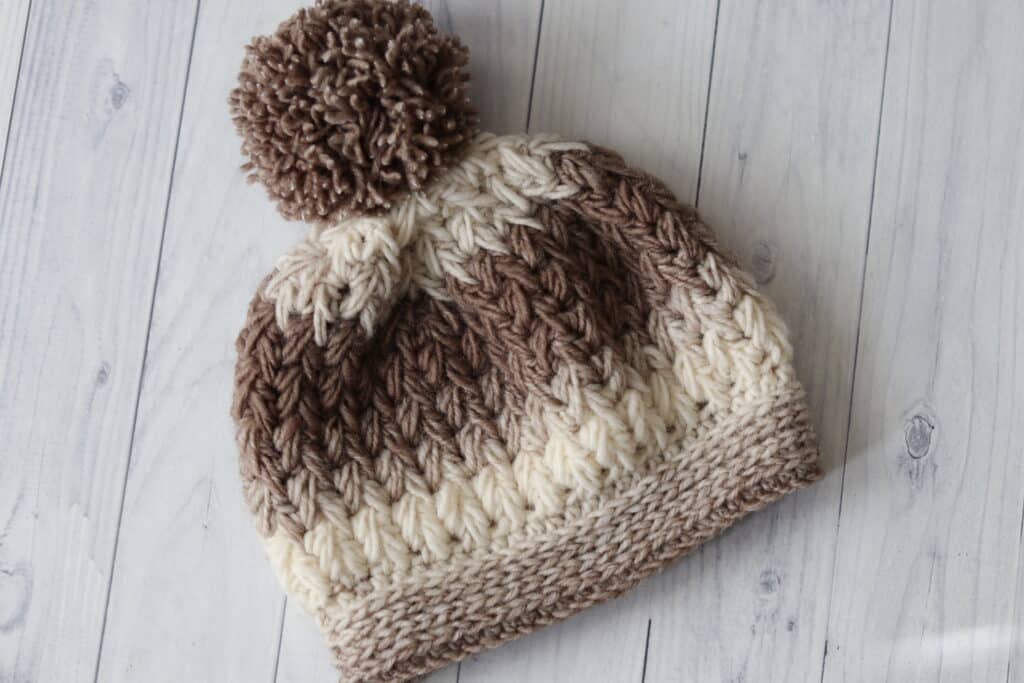 A crochet beanie worked in the feather stitch