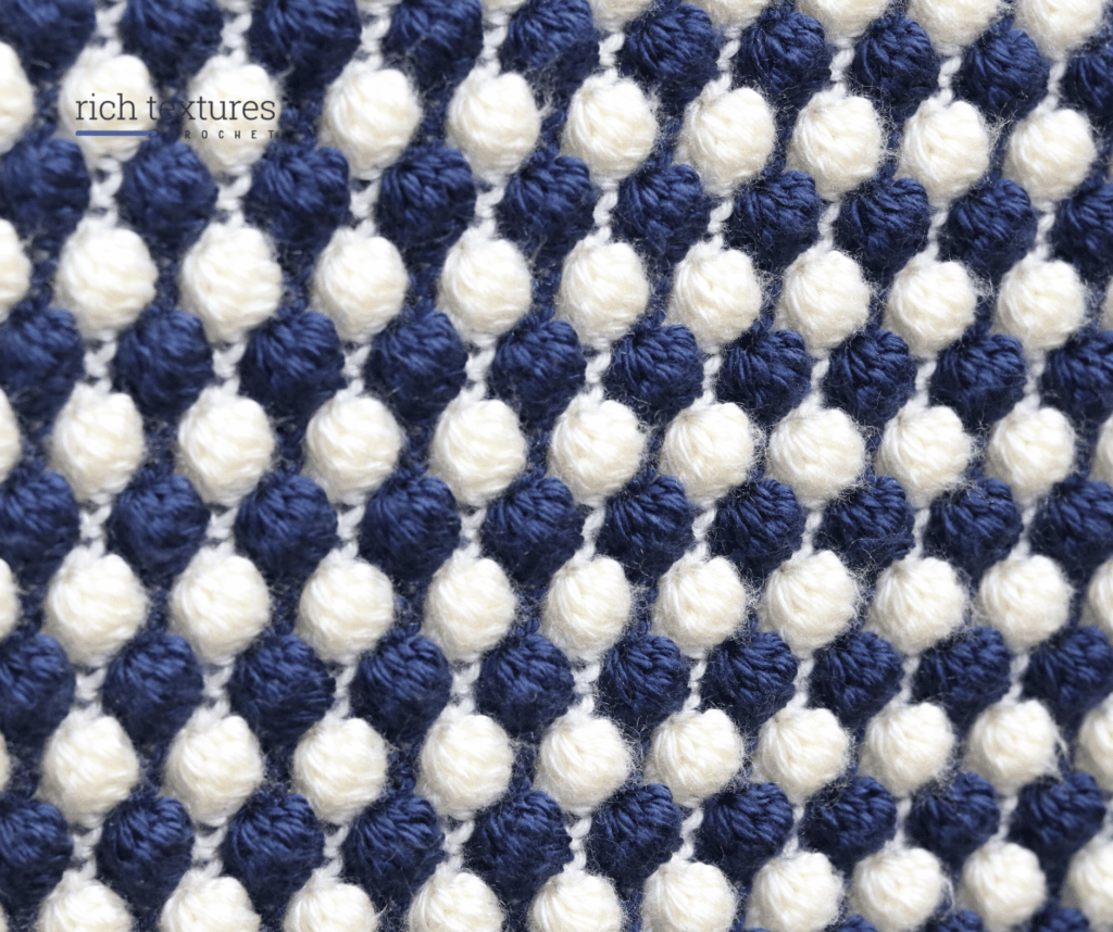 blue and white striped crochet bobble stitches
