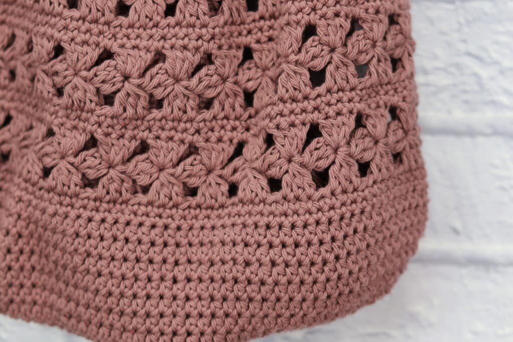 A Close up of the bottom of the Lucky Stripes Crochet Market Bag