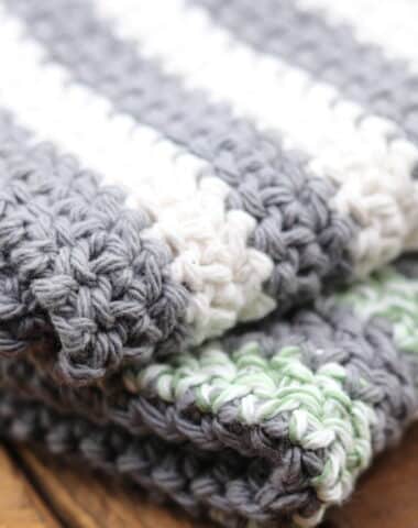 Crochet Washcloths worked in grey and white and green and white stripes