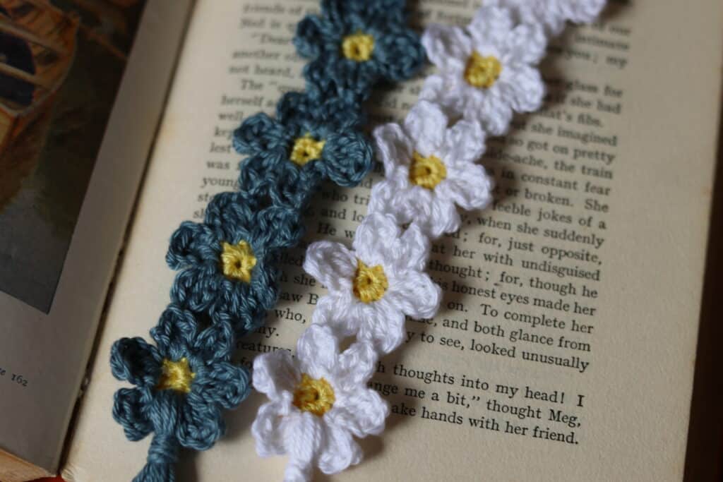 Crochet Bookmarks featuring small blue and white flowers