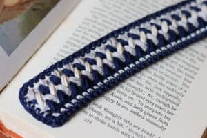 The Simply Hooked Crochet Bookmark worked in blue, white and grey yarn