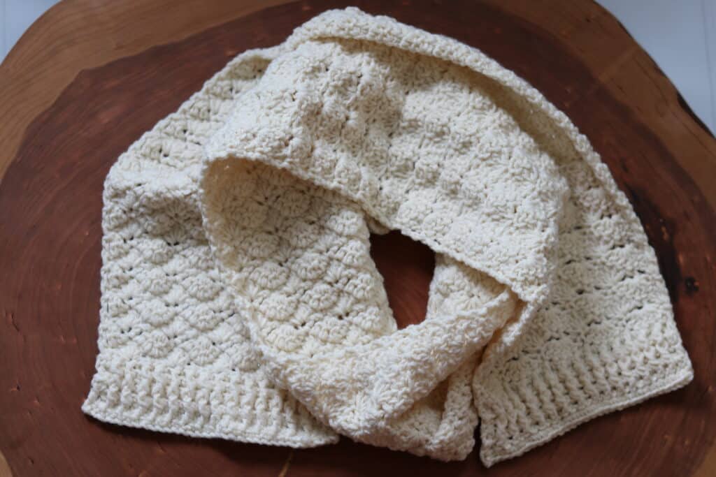 The Crochet Brighton Scarf worked in a white yarn