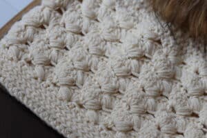 Close up of the Puff Shell Stitches in the crochet Maria Beanie