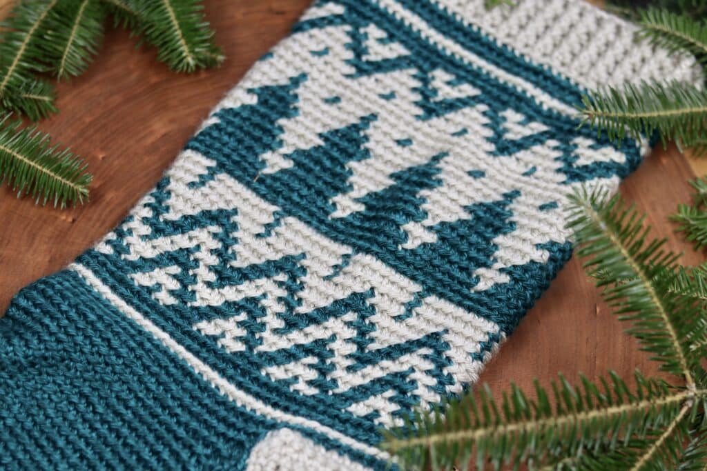 A closeup of the colour work in the Wintertime Christmas Stocking