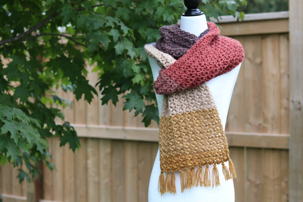A textured crochet scarf featuring the little rocks stitch