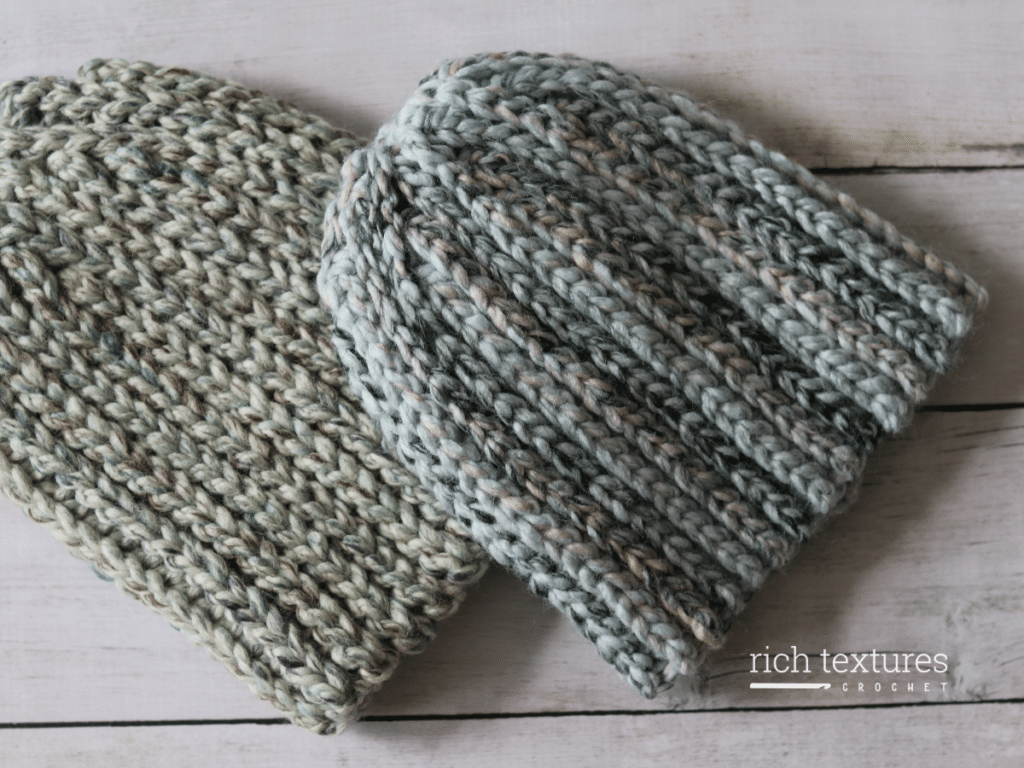 A bulky crochet hat that looks as though it has been knit
