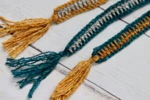 Three crochet bookmarks with tassels