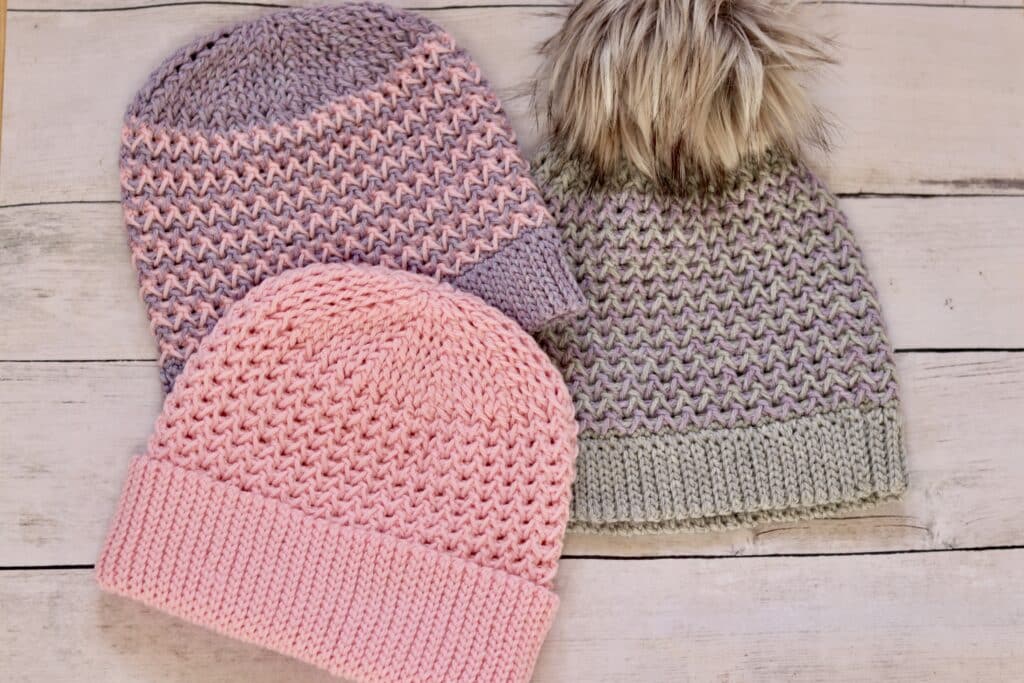 A set of three crochet beanies